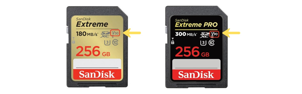 Video Speed Class symbols (V30, V60, V90) showing minimum sustained write speed for video recording.
