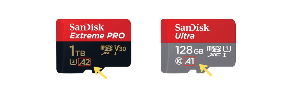 Application Performance Class symbols A1 and A2 showing SD card app performance ratings (IOPS).