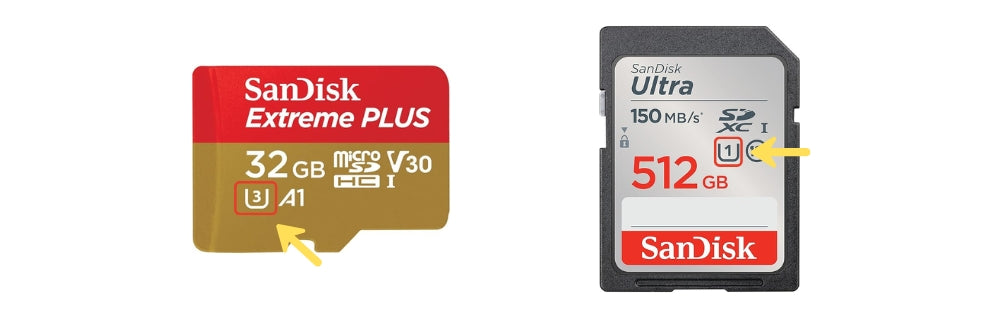 UHS Speed Class symbols U1 and U3 showing minimum sustained write speed for SD cards.