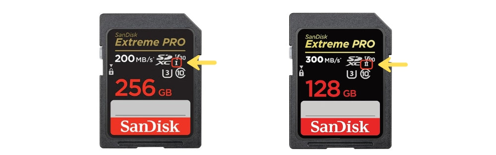 UHS bus interface symbols UHS-I, UHS-II, and UHS-III indicating maximum SD card interface speed.